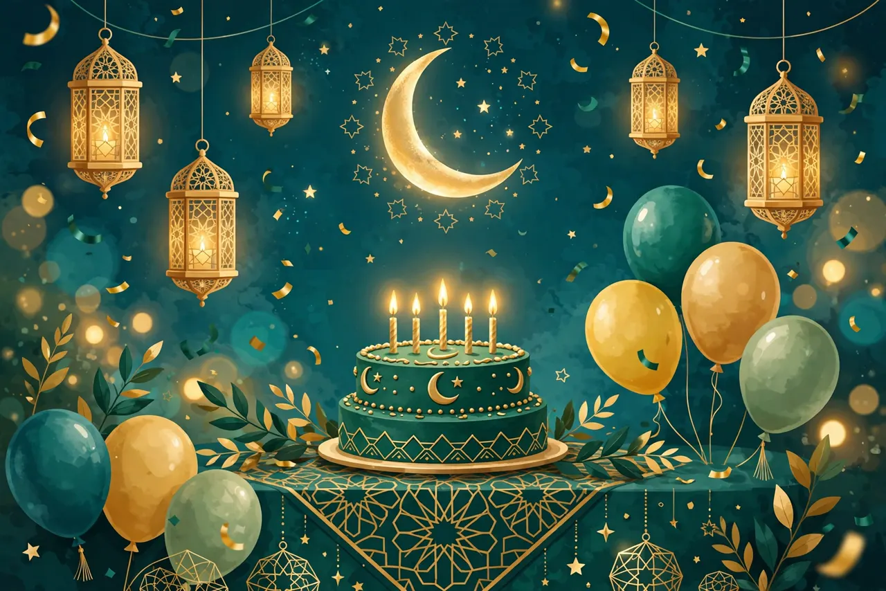 صورة احتفالية لعيد ميلادي بالهجري مع الهلال والفوانيس وكعكة عيد الميلاد