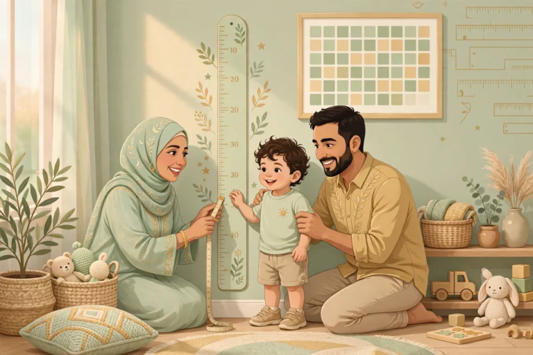 حساب عمر الطفل بالشهور والأيام: أب وأم يقيسان طول طفلهما أمام مخطط النمو.