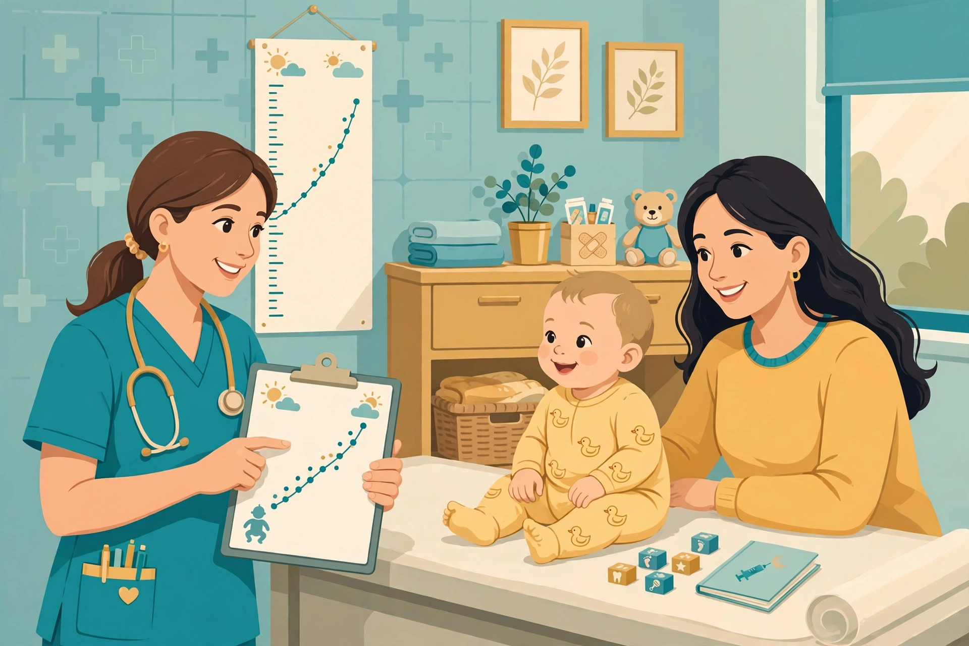 حساب عمر الطفل: ممرضة تراجع مخطط النمو ومواعيد التطعيمات مع الأم وطفلها